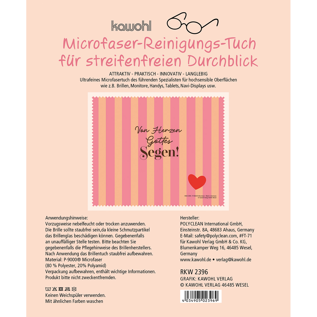 Brillenputztuch - Von Herzen Gottes Segen! - Streifen orange rosa Herz