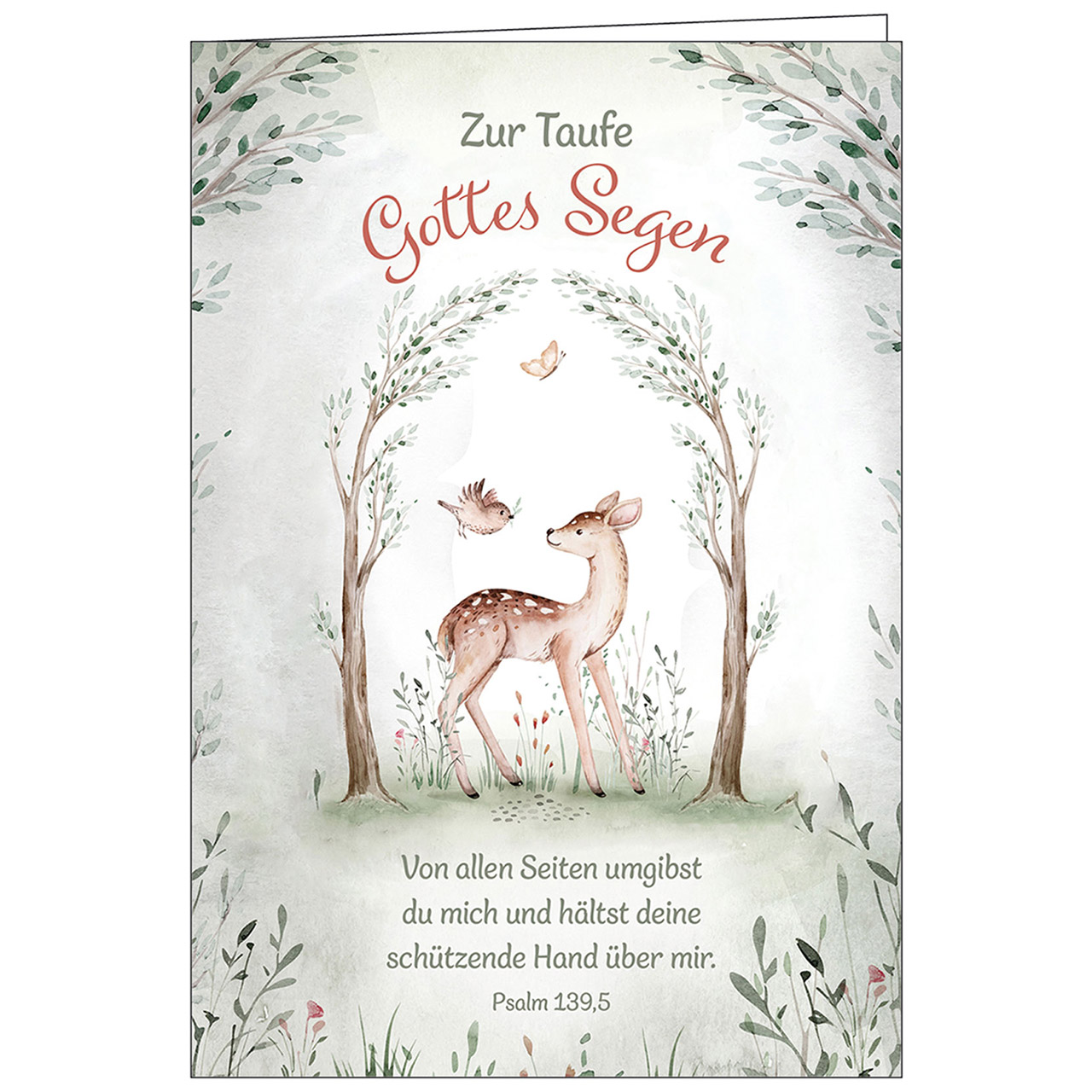 Zur Taufe Gottes Segen Faltkarte - Zur Taufe Gottes Segen - Illustration Reh Schmetterling Vogel Baum