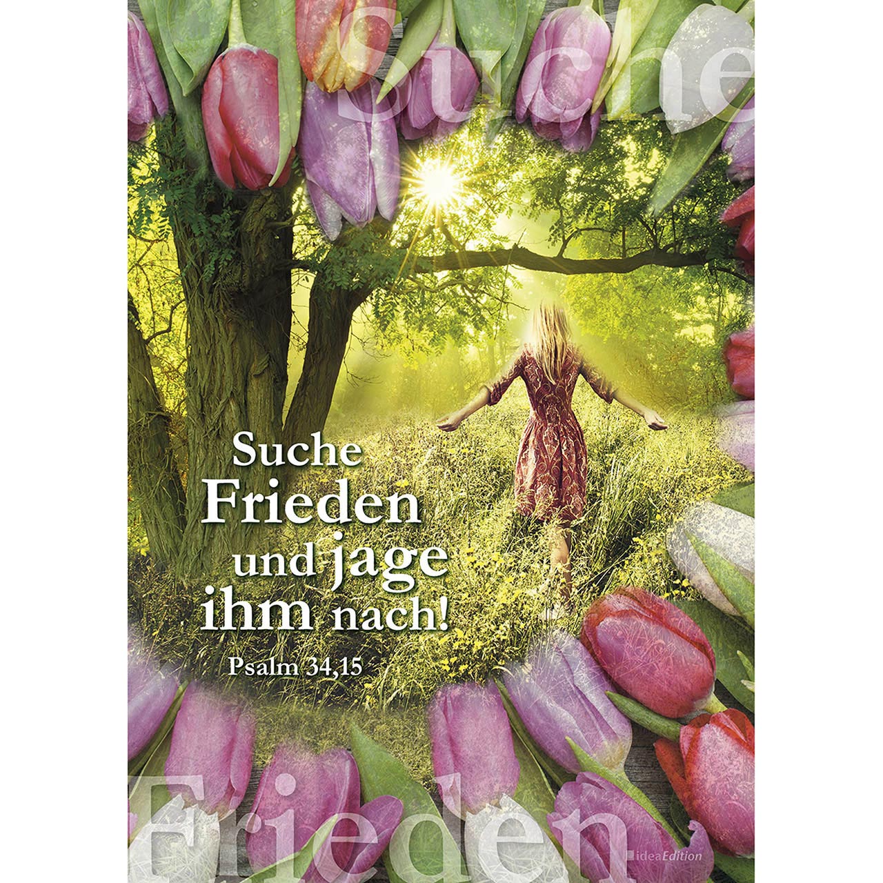 Suche Frieden und jage ihm nach! Poster - Suche Frieden und jage ihm nach! - Tulpen Baum Sonne Frau
