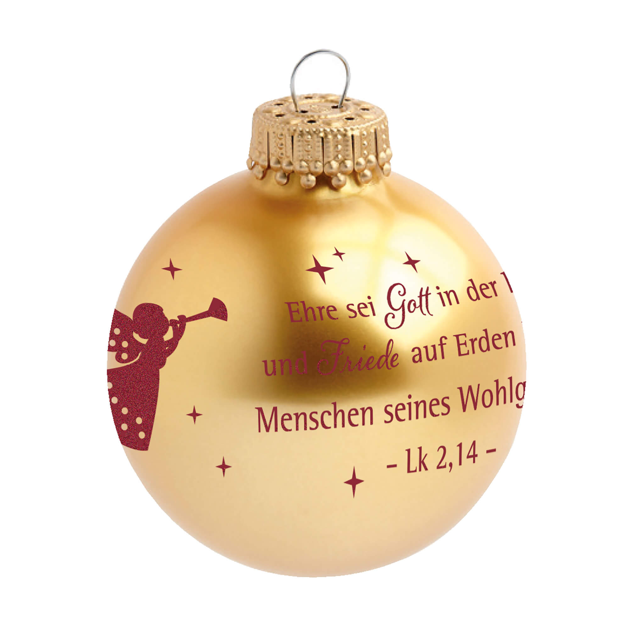 Deko-Anhänger - Christbaumkugel goldfarben 'Ehre sei Gott ...' - Christbaumkugel gold Engel rot
