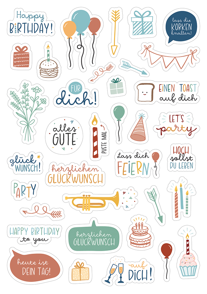 Aufkleber - Sticker-Set Geburtstag - Luftballon Sektgläser Trompete Torte Blumenstrauß Geschenk Kerzen Pfeile