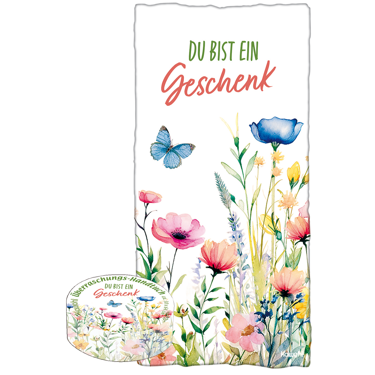 Überraschungs-Handtuch - Du bist ein Geschenk - Aquarell Blumen Schmetterling