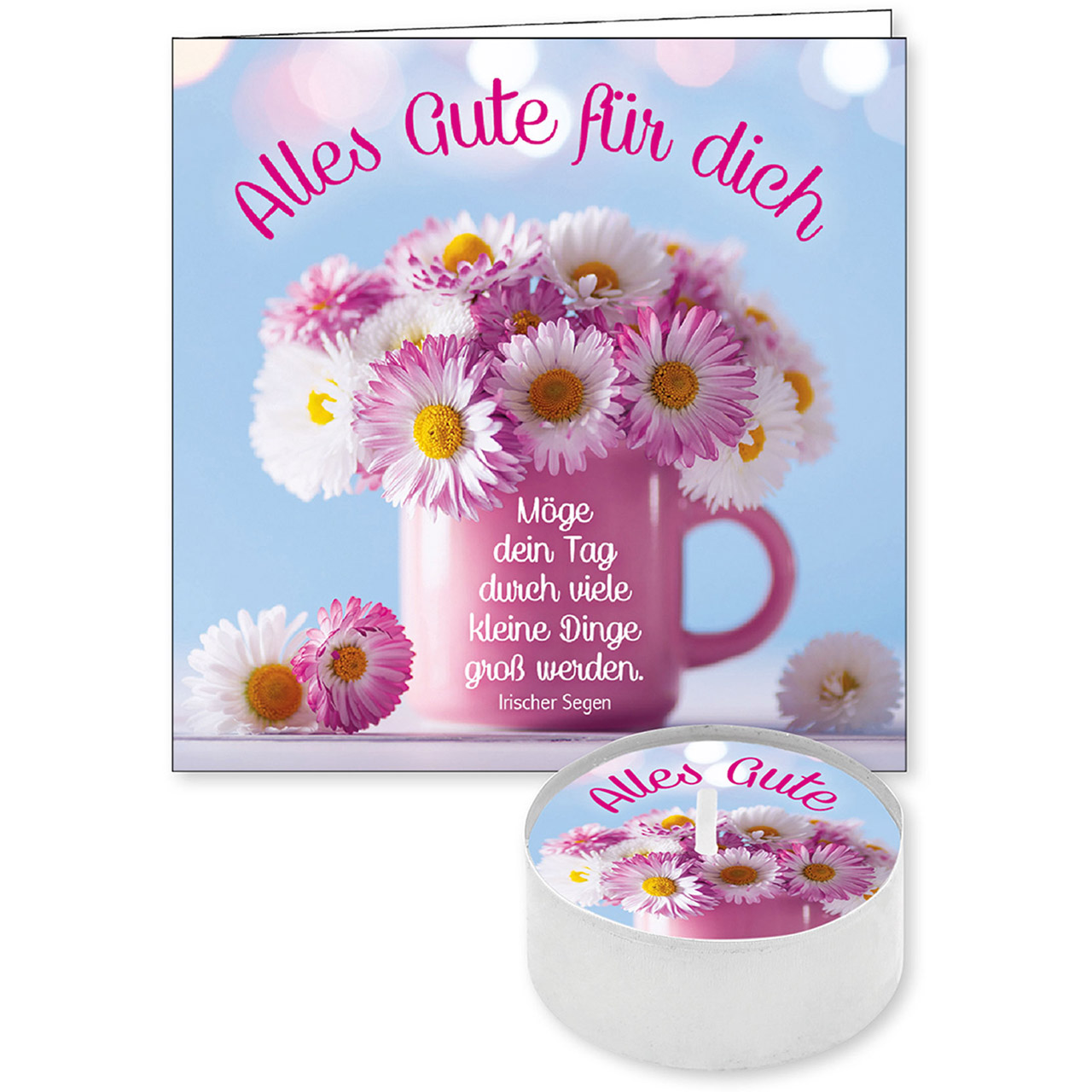 Alles Gute für dich Teelicht mit Grußkarte - Alles Gute für dich - Gänseblümchen Tasse