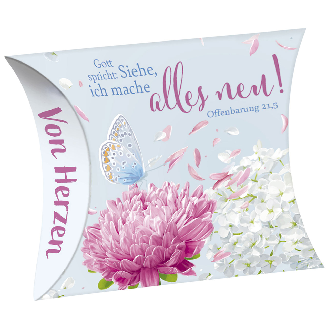 Gott spricht: Siehe, ich mache alles neu! Seife - fest - Gott spricht: Siehe, ich mache alles neu! - Schmetterling Blüte pink Hortensie Dahlie Grafik