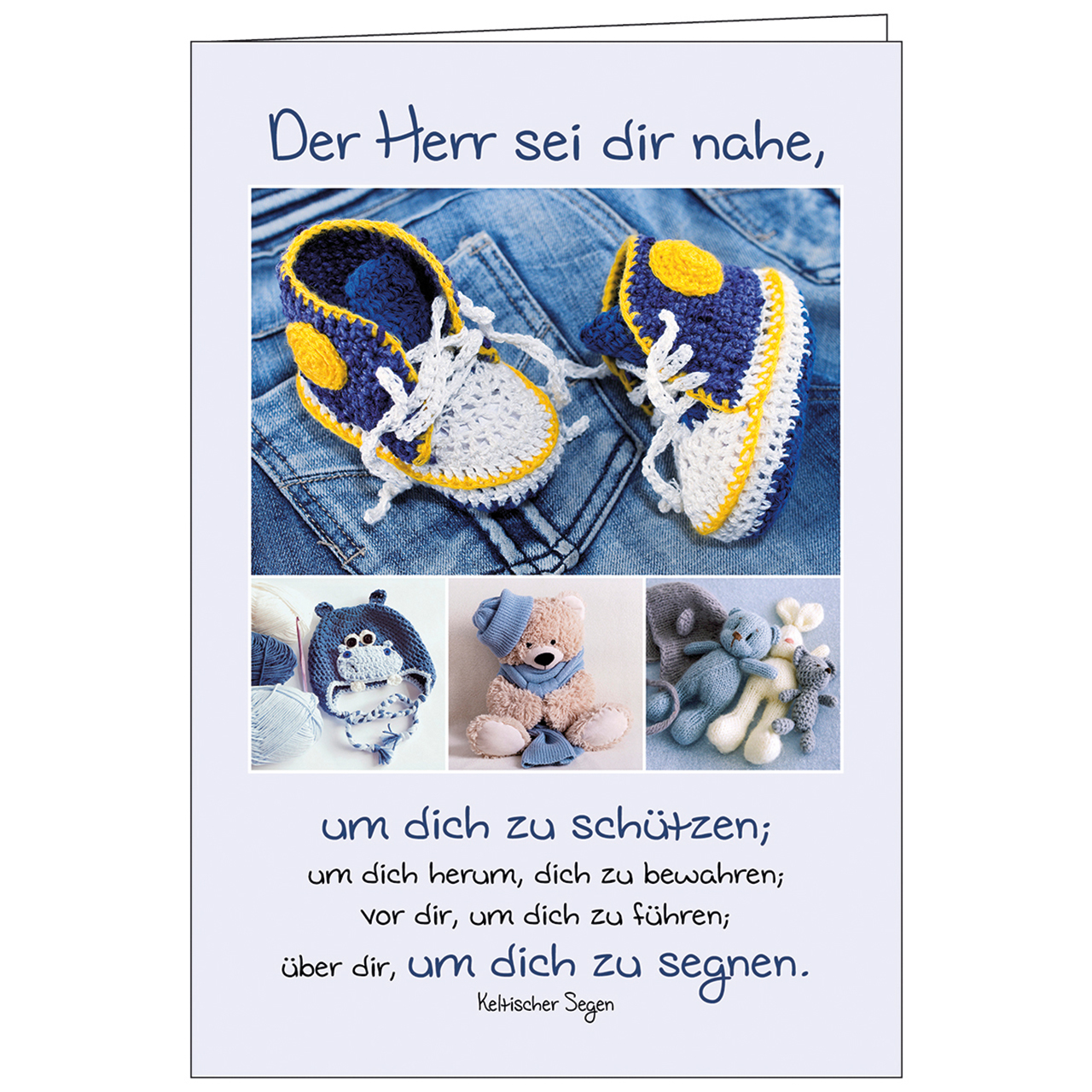 Faltkarte - Der Herr sei dir nahe - Babyschuhe Teddy Mütze blau Jeans