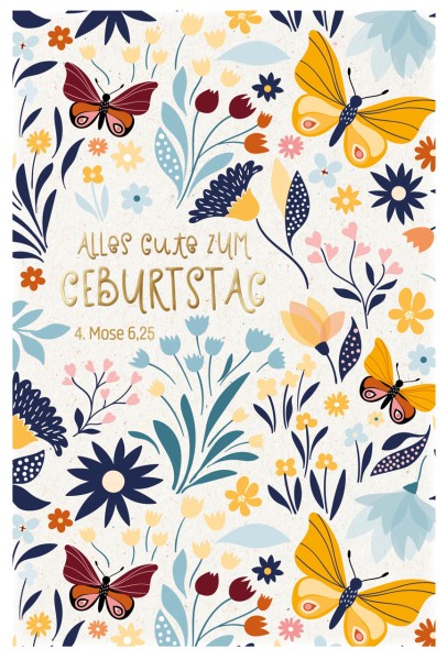 Postkarte - Postkarte Geburtstag - Schmetterling Blumen Blütten Blätter