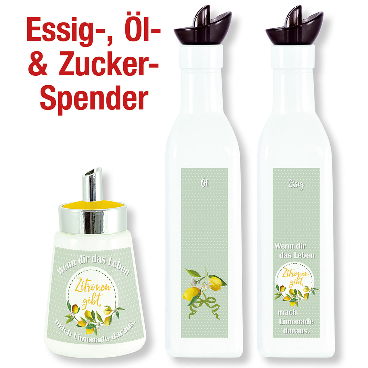 Spar-Paket: Essig-, Öl-Spender und Zucker-Spender