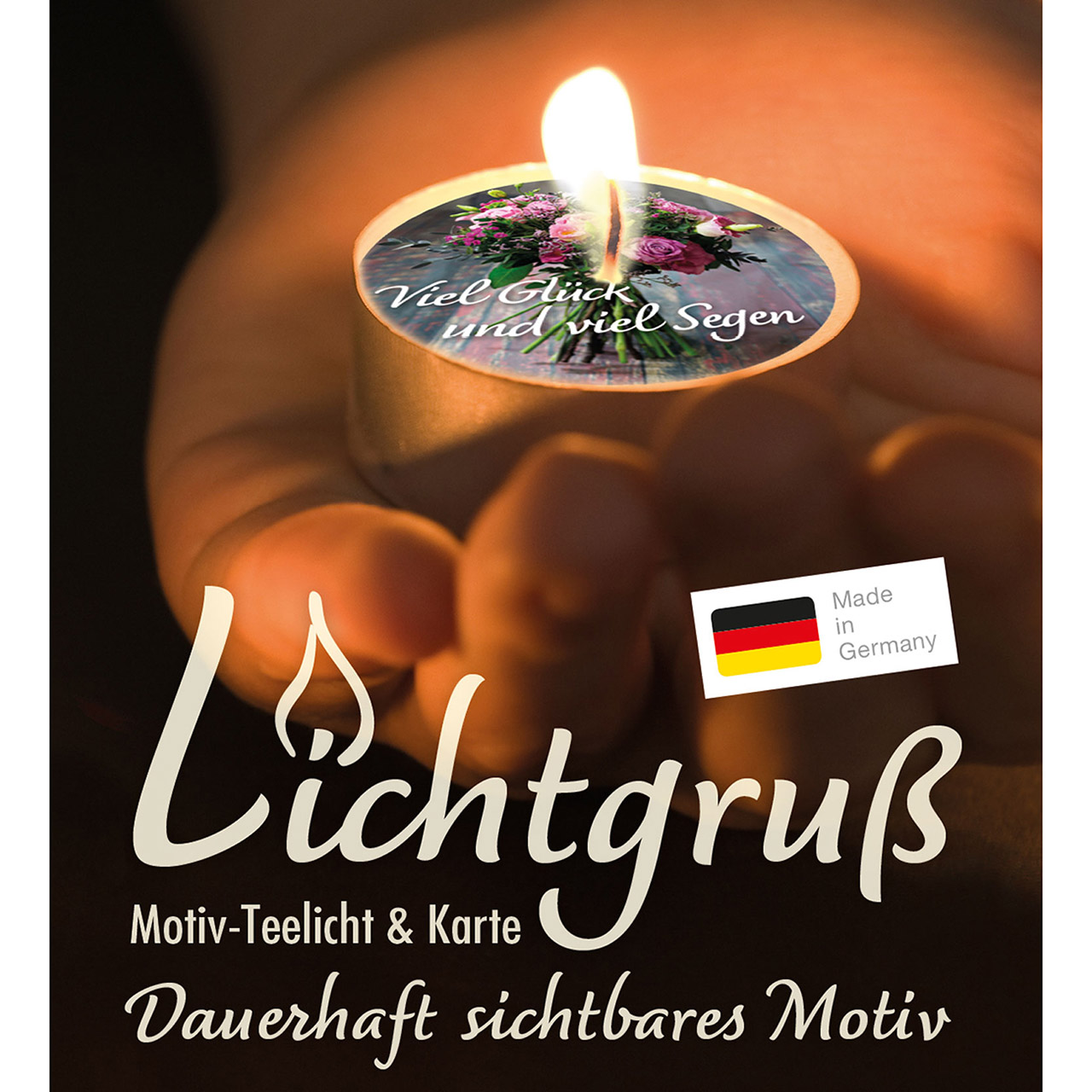 Teelicht mit Grußkarte - Viel Glück und viel Segen - Rosenstrauß