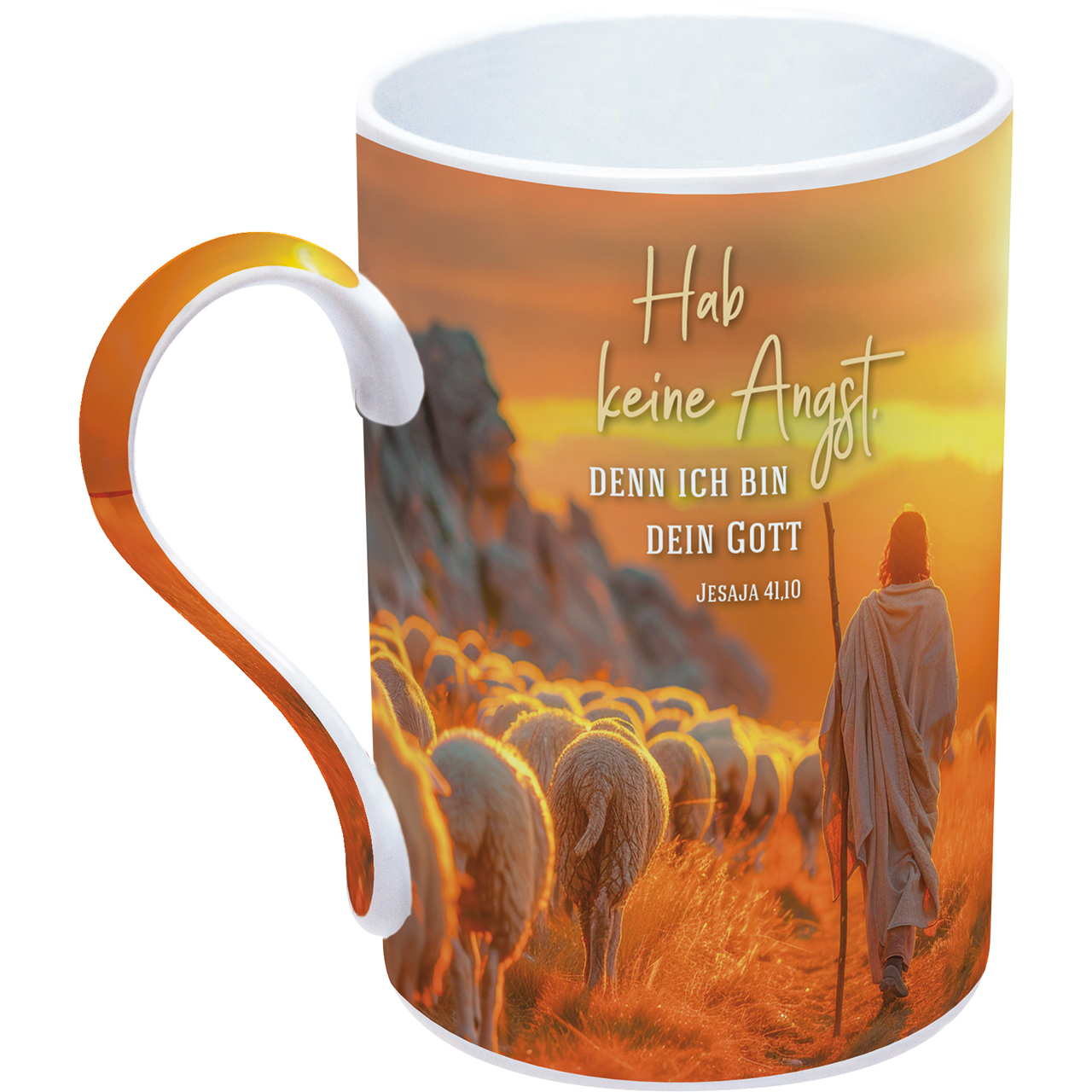 Tasse - Fürchte dich nicht, denn ich bin mit dir; - Hirte Schafe Berge Felsen Sonnenuntergang Sonnenaufgang Wolken Stab Feld Umhang Sonne