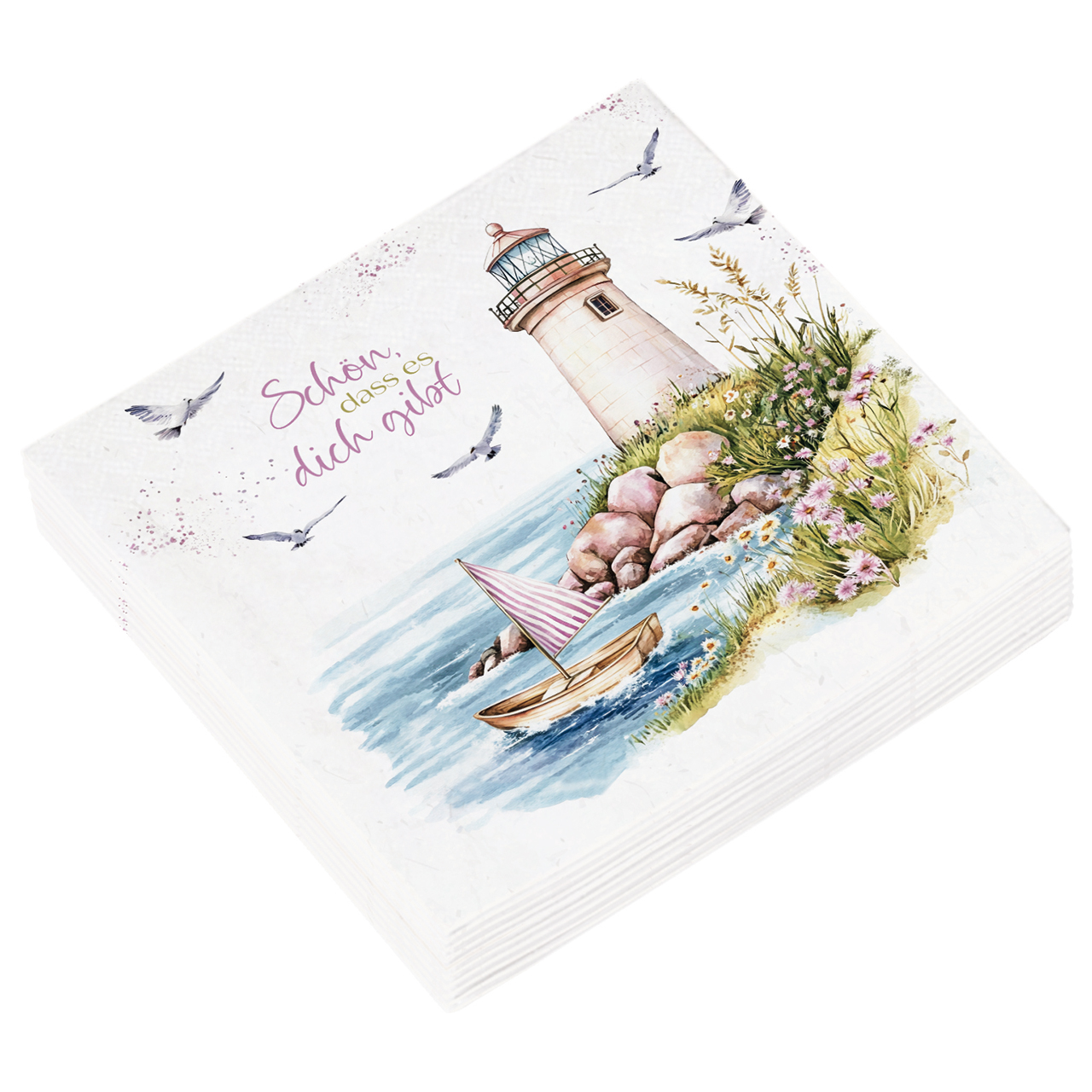 Servietten - Fürchte dich nicht, denn ich bin mit dir; - Grafik Leuchtturm Boot Möve Steine Blumen Wasser Meer