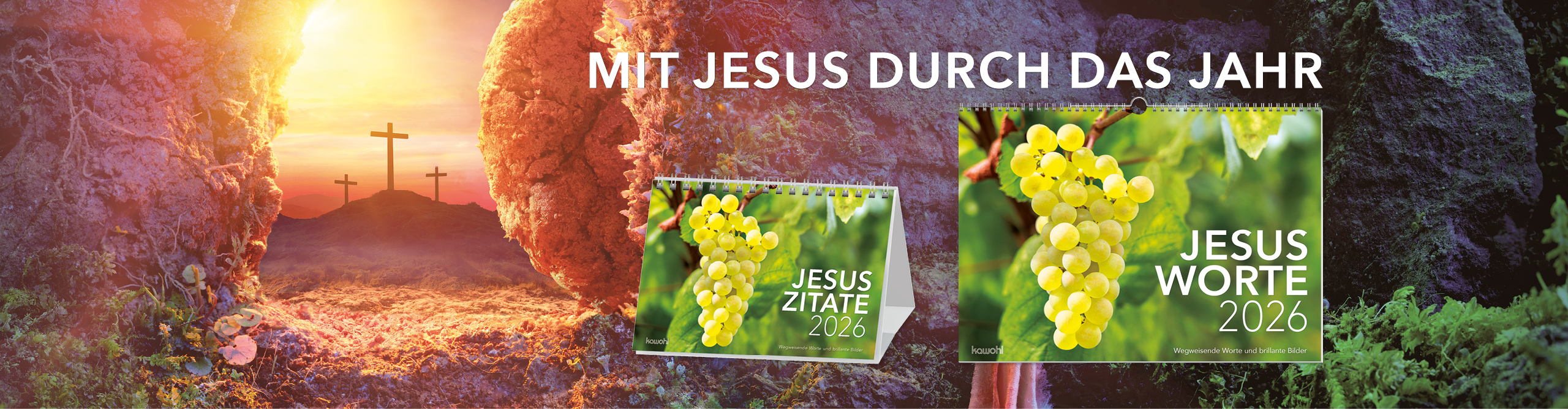 Hintergrund mit drei Kreuzen. Perspektive aus Grabsicht. Rechte Bildseite: Wand- und Postkartenkalender "Jesus Worte". Auf den Titeln: Traubenmotiv.
