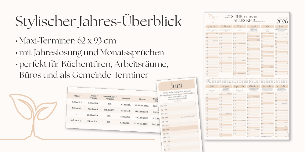 Banner mit Termin-Kalender für einen Stylischer Jahresüberblick im Maxi-Format, mit Jahreslosung und Monatsansicht, ideal für Küchen, Büros und Gemeindeorte.