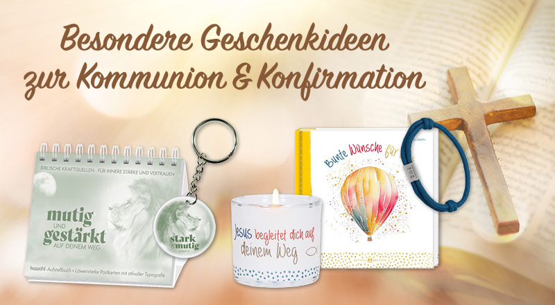 Banner mit Geschenkvorschlägen zur Kommunion und Konfirmation: Aufstellbuch, Anhänger, Kerze, Buch und Armband.