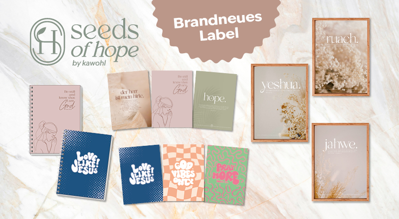 Banner mit dem Logo „Seeds of Hope“ und verschiedenen Produkten, darunter Karten mit inspirierenden Botschaften und Designs.
