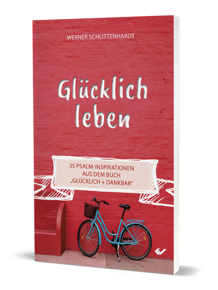 Buch - Glücklich leben - Buch rot Fahrrad blau Hauswand