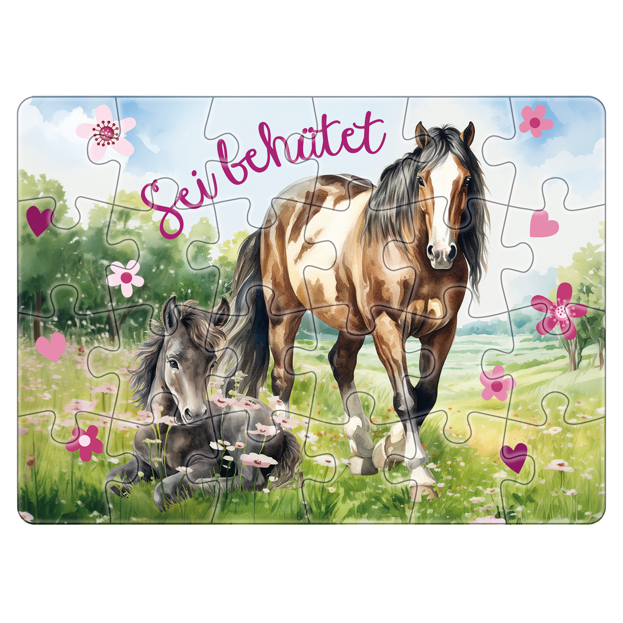 Puzzle - Sei behütet - Pferde - Pferd Fohlen Blumen Herz Wiese Bäume