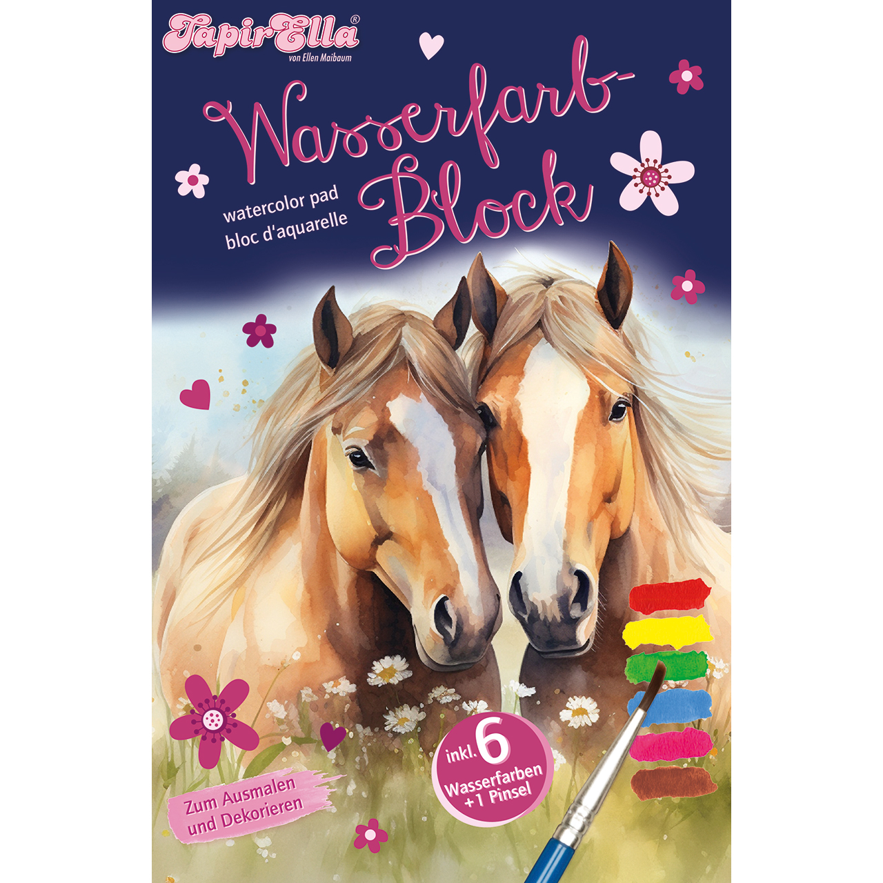 Malblock - Wasserfarbblock Pferde - Pferde Herz Blumen Wiese
