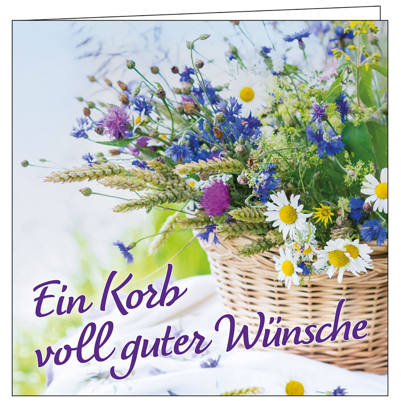 Teelicht mit Grußkarte - Ein Korb voll guter Wünsche - Korb Wildblumen