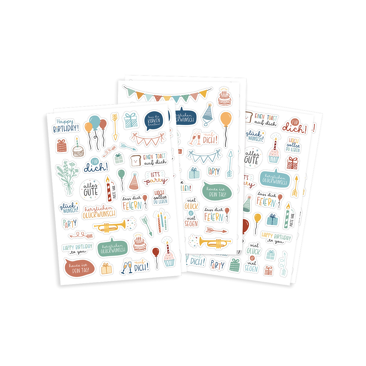 Aufkleber - Sticker-Set Geburtstag - Luftballon Sektgläser Trompete Torte Blumenstrauß Geschenk Kerzen Pfeile
