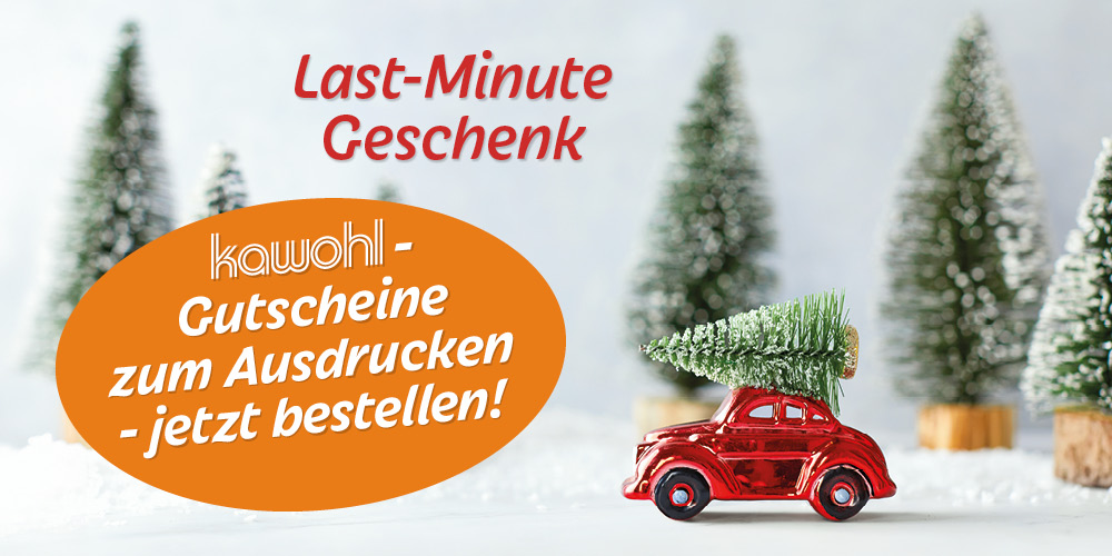 Rotes Spielzeugauto mit Tannenbaum vor Winterlandschaft mit Tannen. Text: Last-Minute Geschenk. Gutscheine zum Ausdrucken!