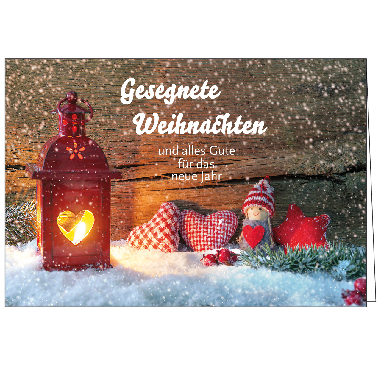 Faltkarte - Gesegnete Weihnachten - Laterne Weihnachtsdeko Herzen Stoff Kerze Stern Puppe Zweige