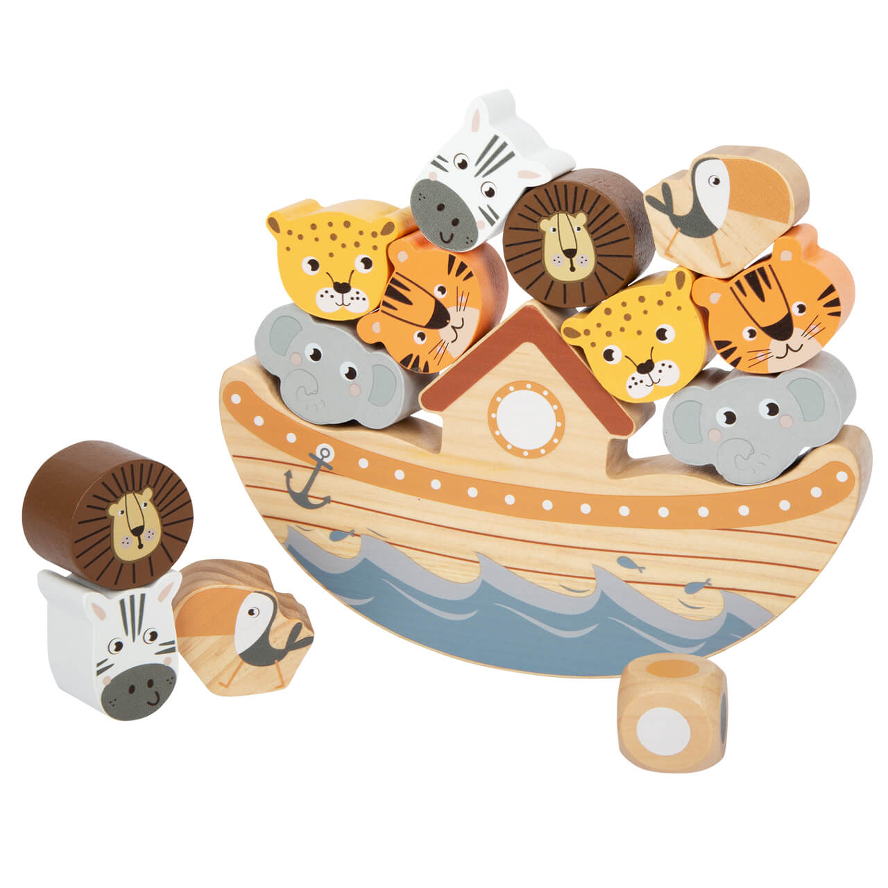 Spiel & Spaß - Balancierspiel 'Arche Noah' - Schiff Würfel Tiergesichter Holz
