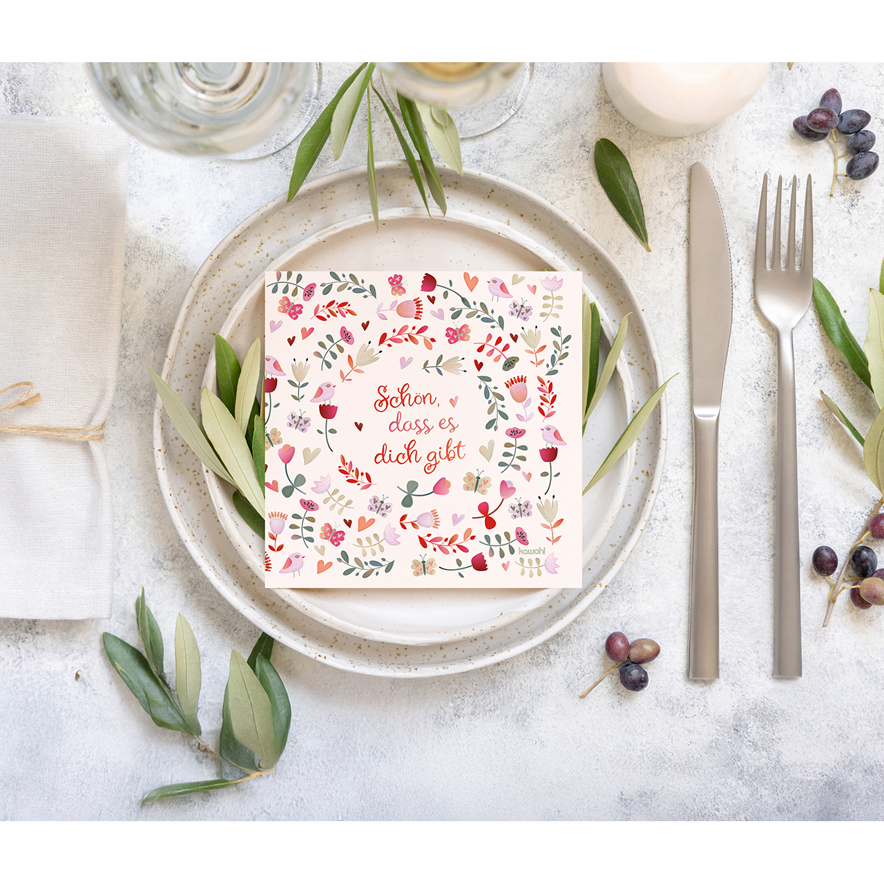 Servietten - Schön, dass es dich gibt - Aquarell Blumen Herz