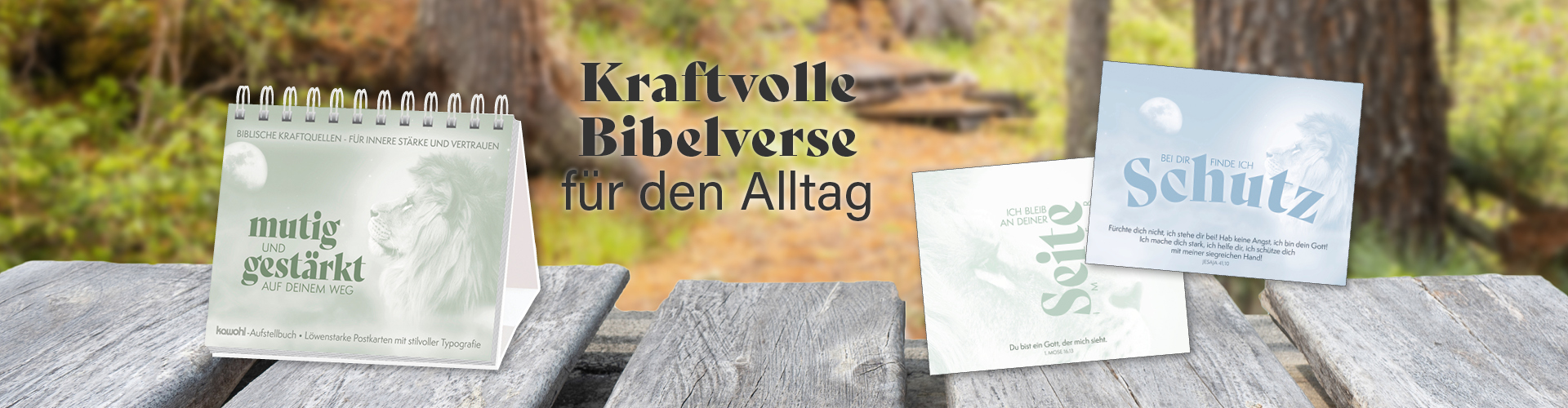 Banner mit Holztisch, auf dem ein Aufstellbuch mit einem Löwen auf dem Cover steht, im Hintergrund ist Wald abgebildet. Text: „Kraftvolle Bibelverse für den Alltag“.