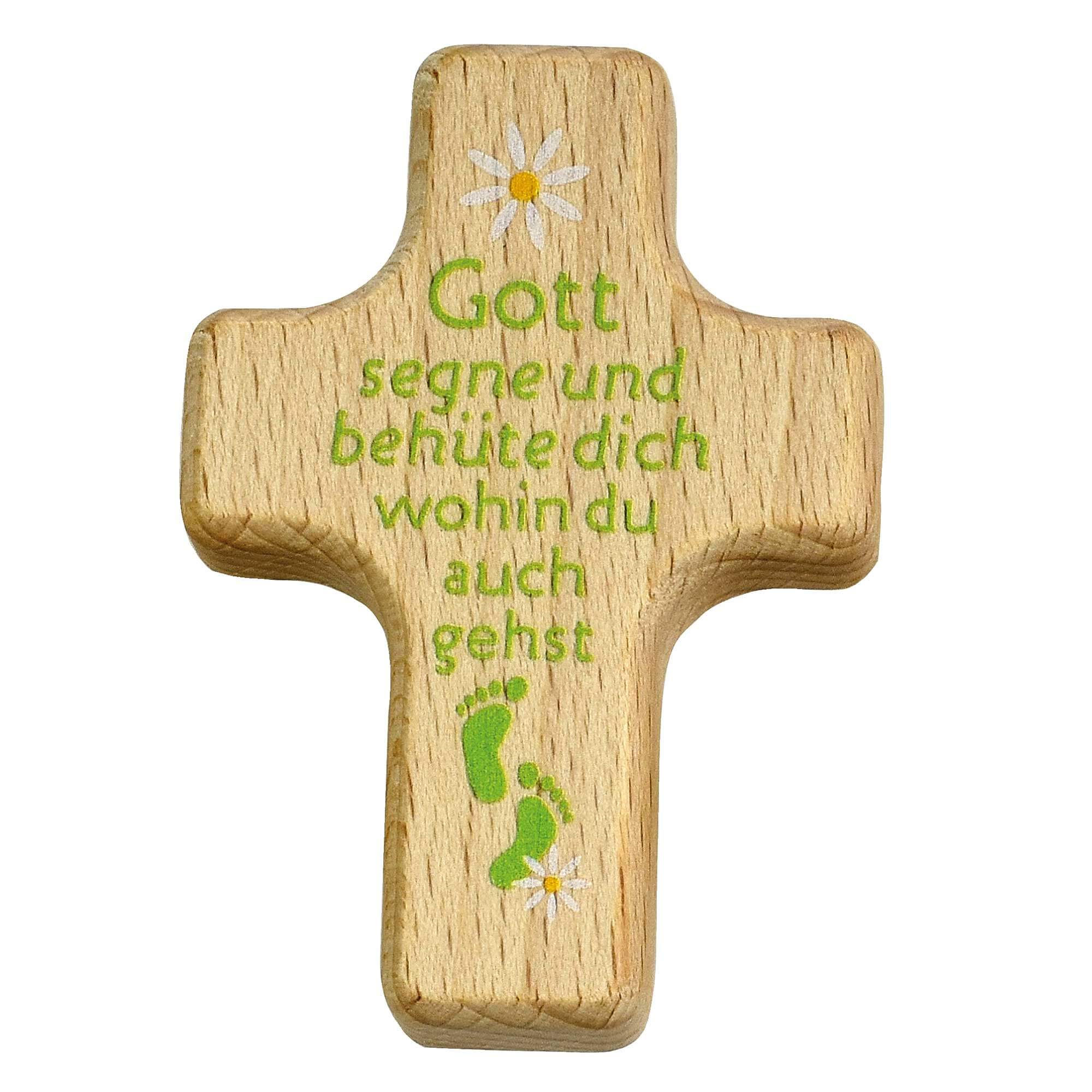 Handschmeichler - Handkreuz 'Gott segne und behüte dich wohin du auch gehst'  grün - Holzkreuz Füße Gänseblumen Grün