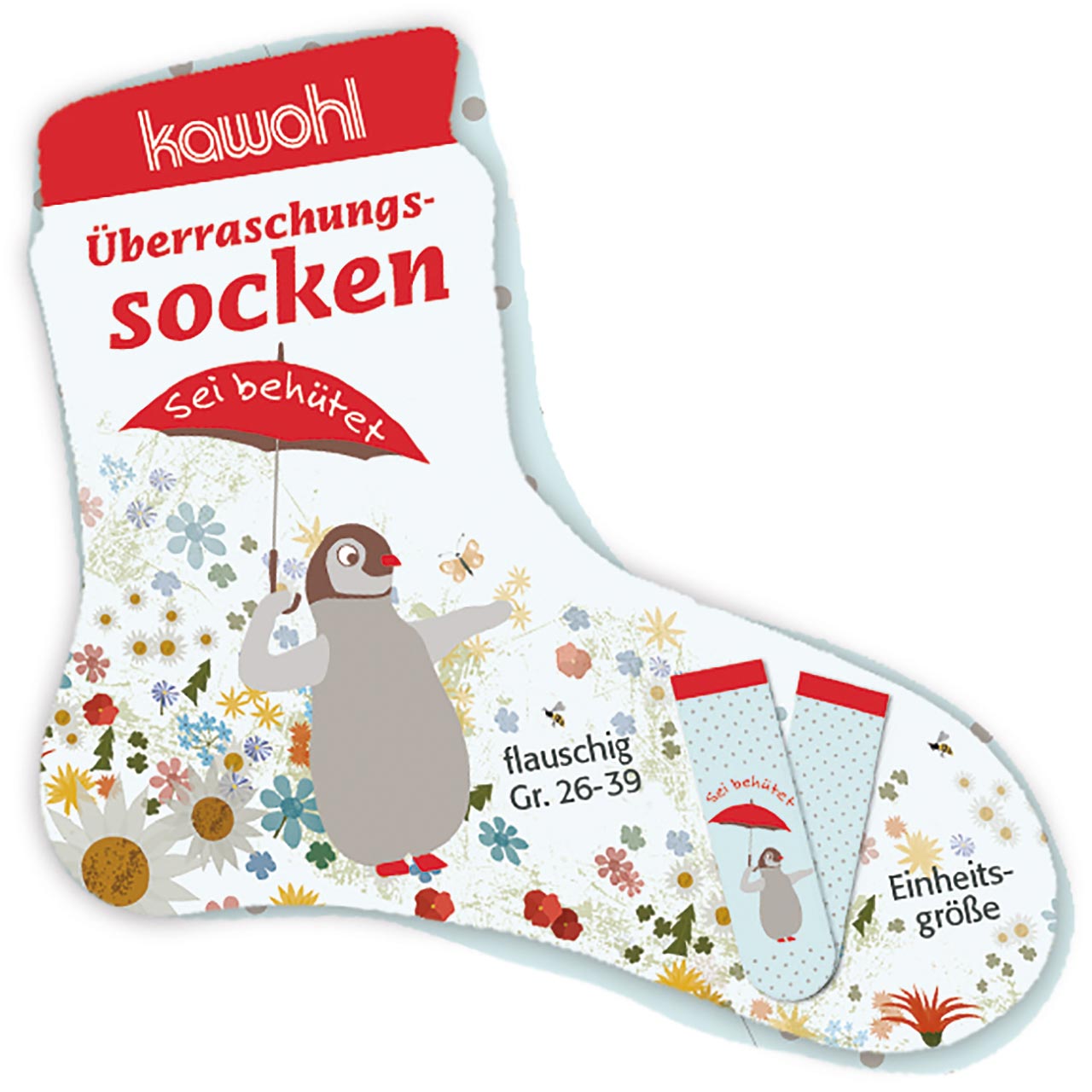 Überraschungssocken - Sei behütet - Pinguin mit rotem Regenschirm