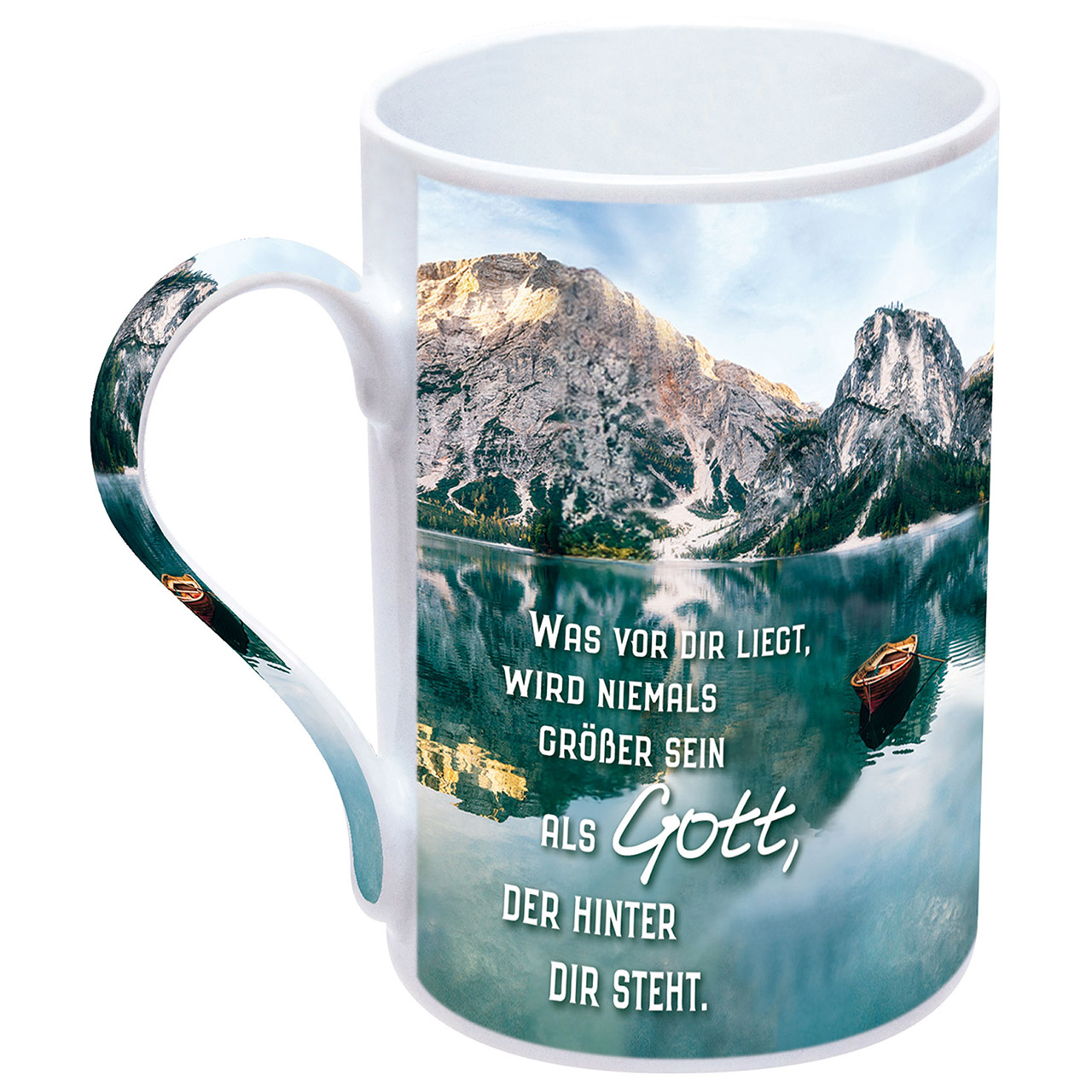 Tasse - Was vor dir liegt - Boote Berge See Spiegelung