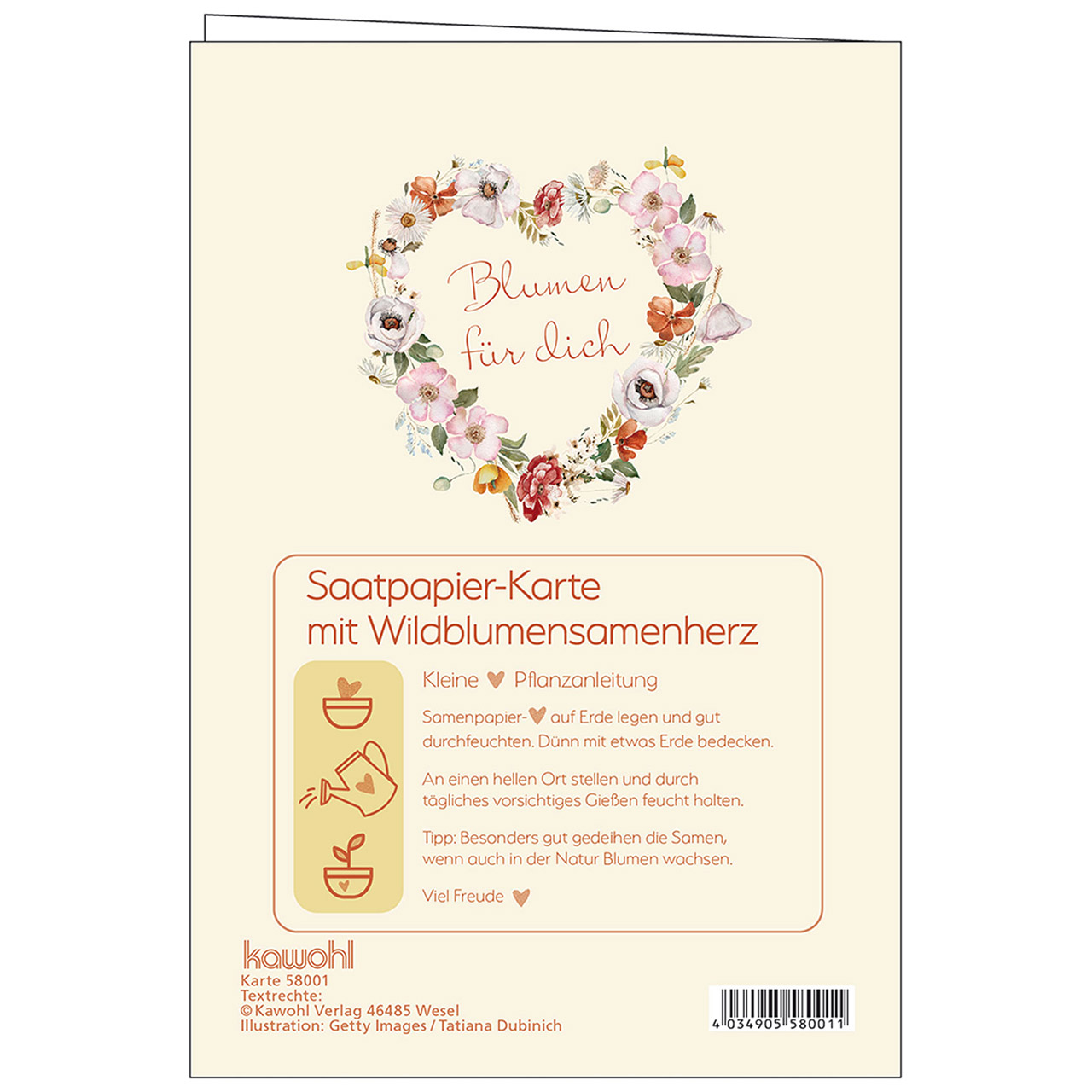 Faltkarte - Viel Glück und viel Segen - Grafik Aquarell Blumenherz
