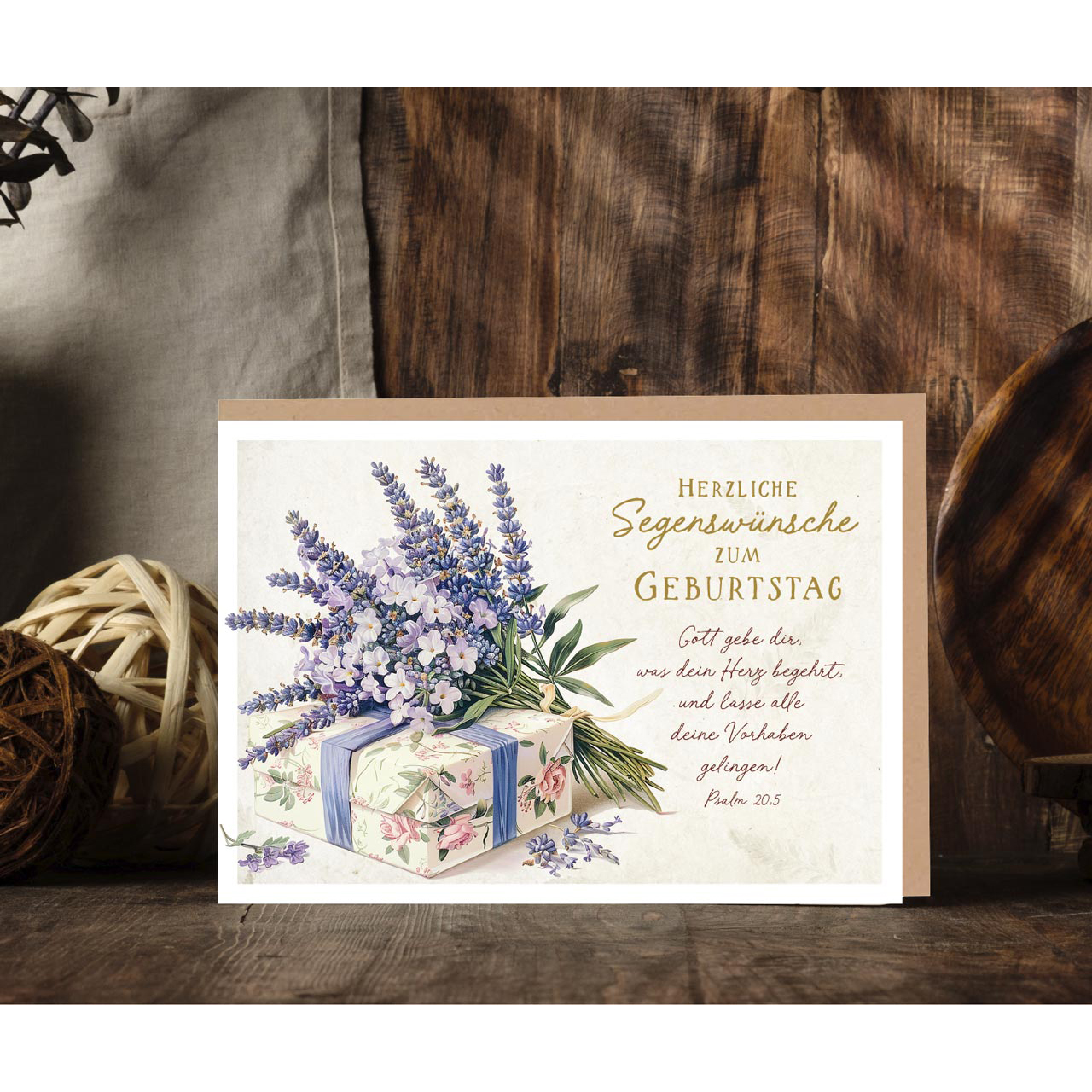 Faltkarte - Faltkarte 'Herzliche Segenswünsche zum Geburtstag' 1x       Motiv: Geschenk mit  - Geschenk Blumenstrauß Blüten Blätter