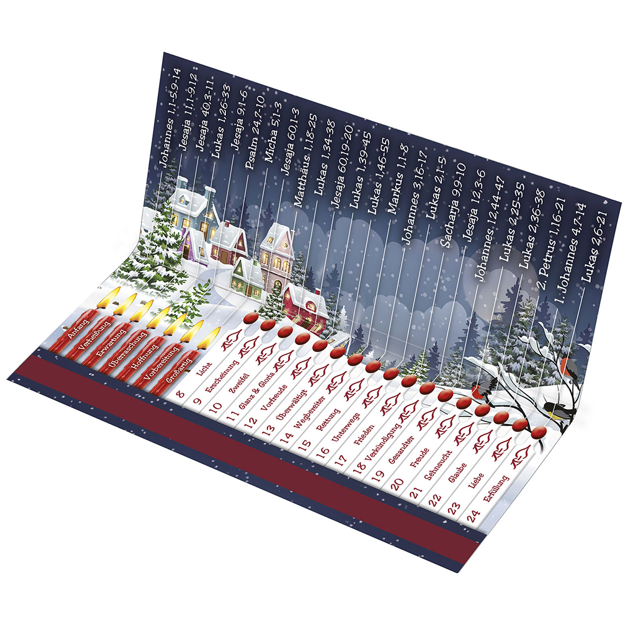 Streichhölzer - Adventsgedanke: Gesegneten Advent - Grafik Schneelandschaft Häuser Vögel Tannenbäume
