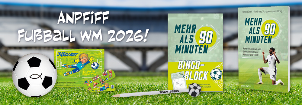 Ball, Pflaster, Bücher zur WM 2026 und Spielematerialien vor Stadionhintergrund. Text: Anpfiff Fußball WM 2026