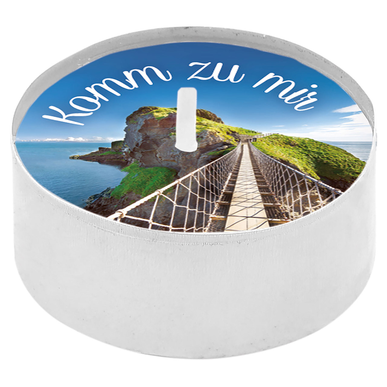 Teelicht mit Grußkarte - Wer zu mir kommt, den werde ich nicht abweisen. - Hängebrücke zu Insel Carrick-a-Rede in Irland