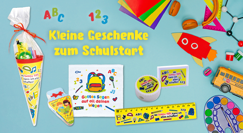 Bunt gestaltete Schultüten und Schulmaterialien auf hellem Hintergrund. Text: Kleine Geschenke zum Schulstart