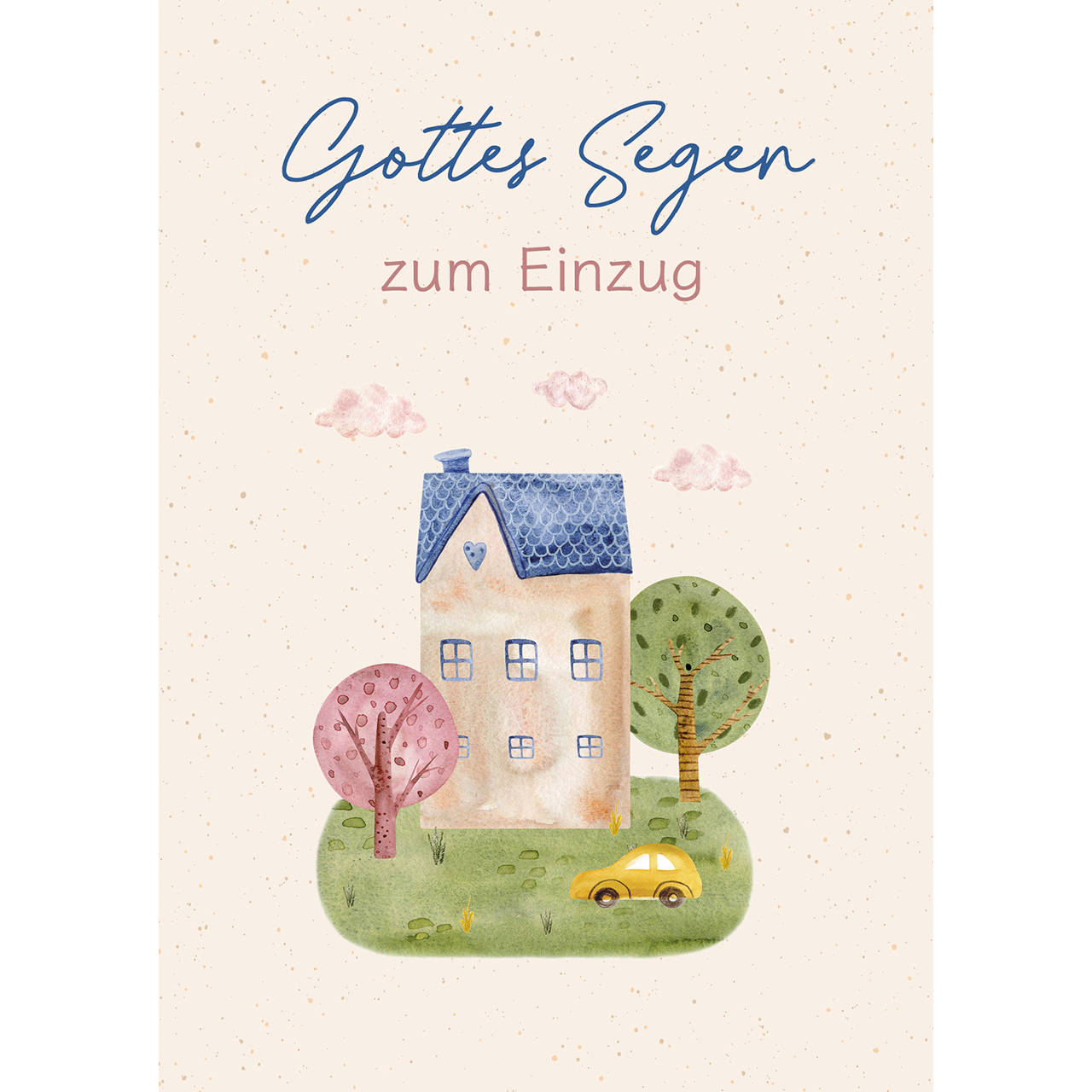 Postkarten - Gottes Segen zum Einzug - Aquarell Haus Bäume Baum Auto