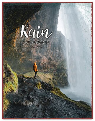 Wanddekoration - Metallschild 'Rain of Grace. John 1:17' - Wasserfall Mrnsch Felsen Berge Metallschild