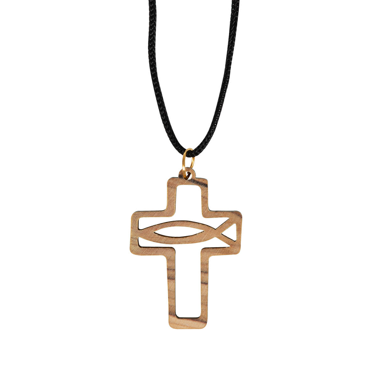 Halskette - Halskette mit Kreuz aus Olivenholz mit Fischsymbol