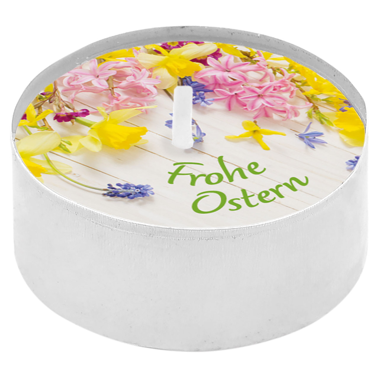 Teelicht mit Grußkarte - Frohe und gesegnete Ostern - Frühlingsblumen