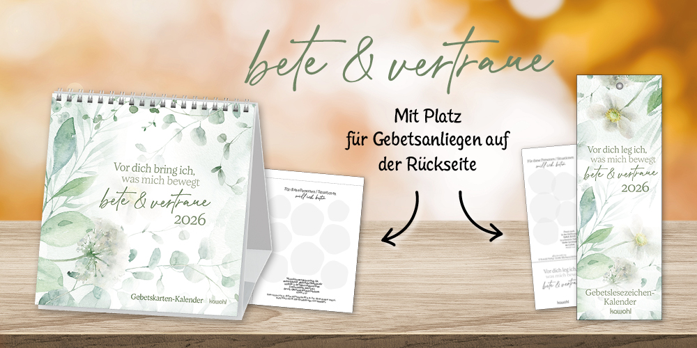 Banner mit einem Postkarten-Kalender und einem Lesezeichen-Kalender, mit sanften Pflanzenmotiven und Platz für Gebetsanliegen auf den Rückseiten.