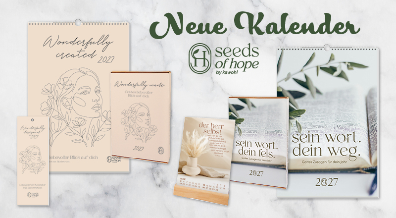 Neue Kalender von Seeds of hope, mit Line-Art-Illustrationen oder Bildmotiven mit Gottes zusagen vor einem weißen Marmor Hintergrund.