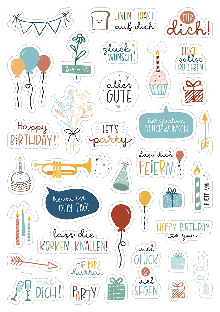 Aufkleber - Sticker-Set Geburtstag - Luftballon Sektgläser Trompete Torte Blumenstrauß Geschenk Kerzen Pfeile