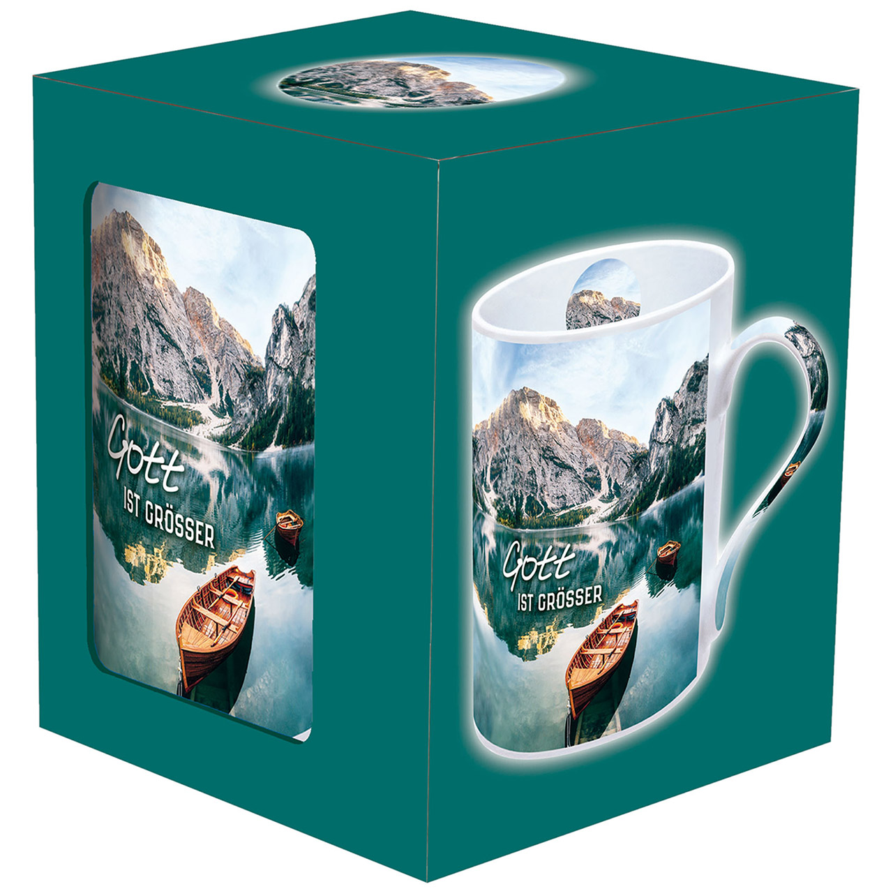 Tasse - Was vor dir liegt - Boote Berge See Spiegelung