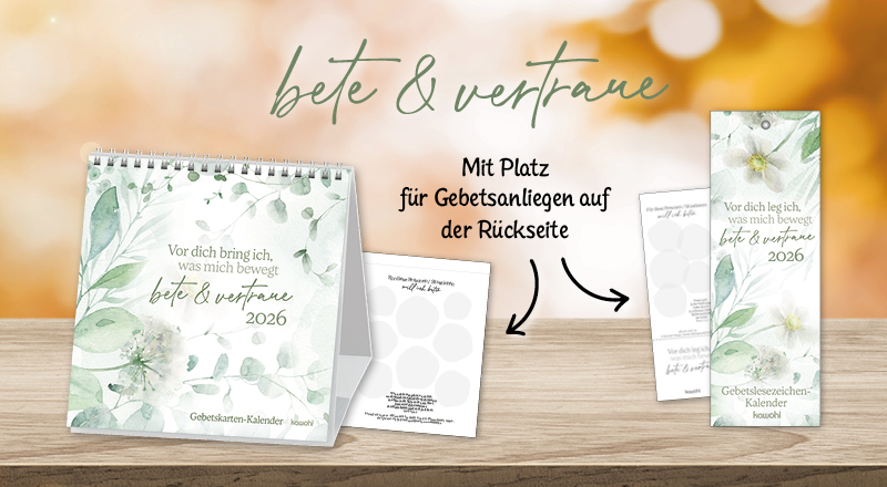 Banner mit einem Postkarten-Kalender und einem Lesezeichen-Kalender, mit sanften Pflanzenmotiven und Platz für Gebetsanliegen auf den Rückseiten.