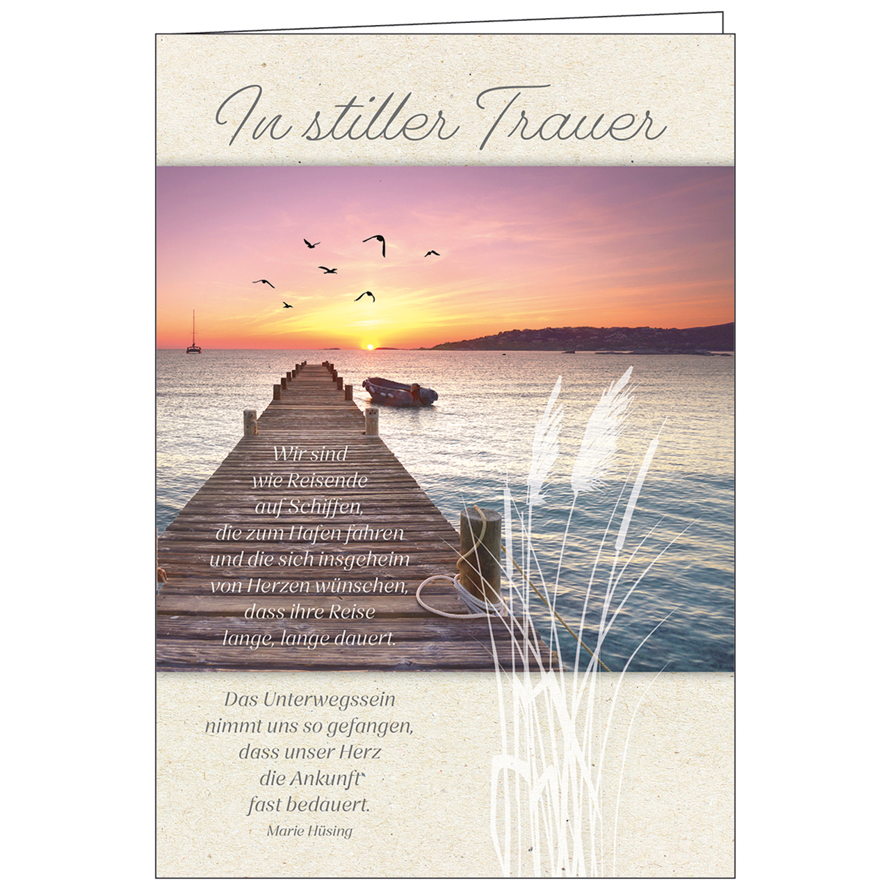 Faltkarte - In stiller Trauer - Steg Boot Meer Sonne Vögel Möven Berge