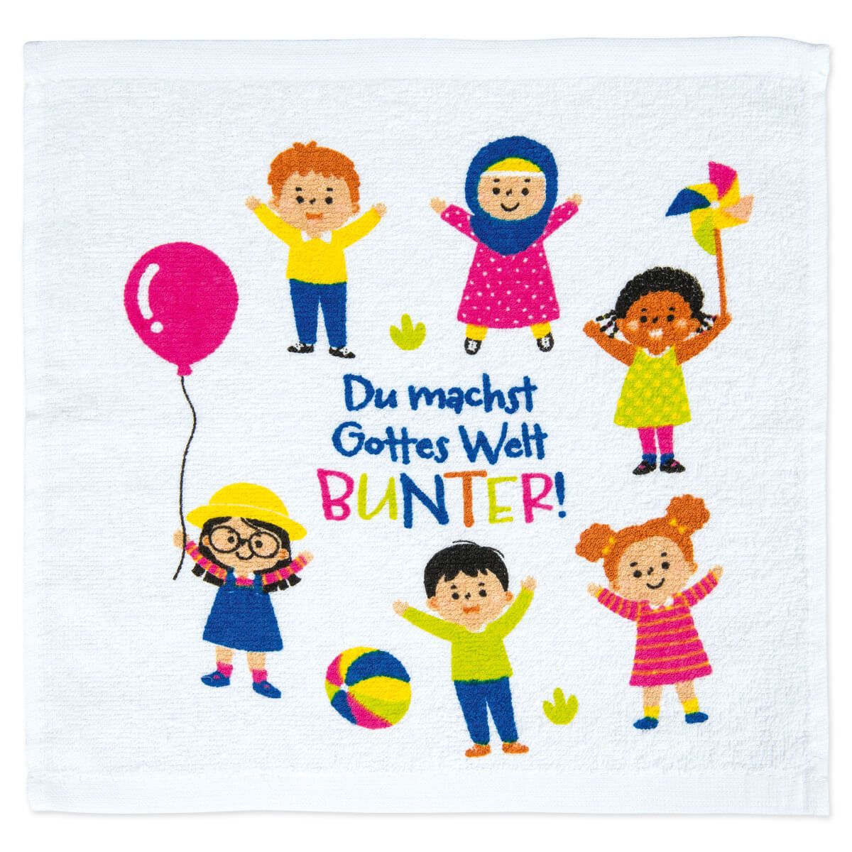 Überraschungs-Handtuch - Du machst Gottes Welt bunter! - Kinder Banner Luftballon Wiese Blumen