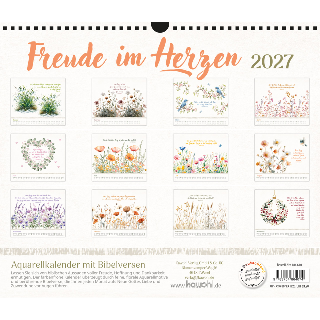 Wandkalender - Freude im Herzen 2027 - Blumenaquarelle, Aquarellmotive mit Blumen
