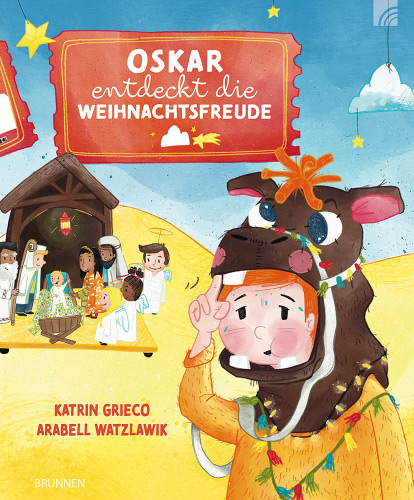 Buch - Oskar entdeckt die Weihnachtsfreude - Stall Laterne Baby Engel Hirten Ochsenmaske Kind Wiege Stern Wolke Sand